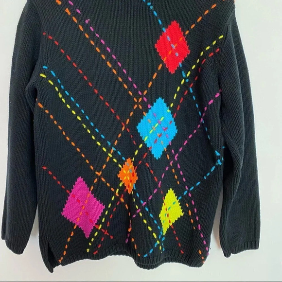 Vintage 90s Argyle Pullover Sweater Mockneck Oversized Womens Size Medium Black - Picture 4 of 16